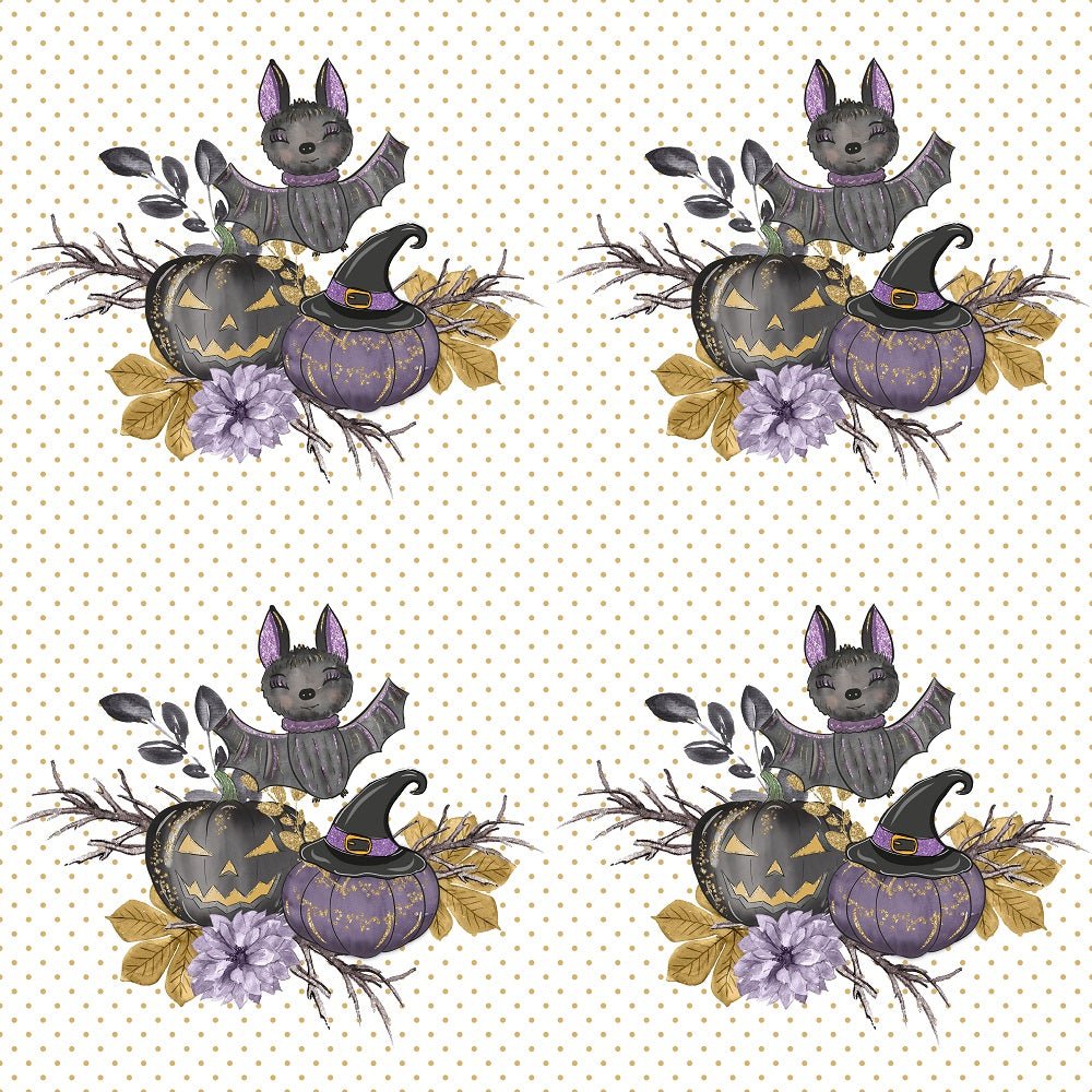 Black Pumpkins Bouquet Gold Dots Fabric - White