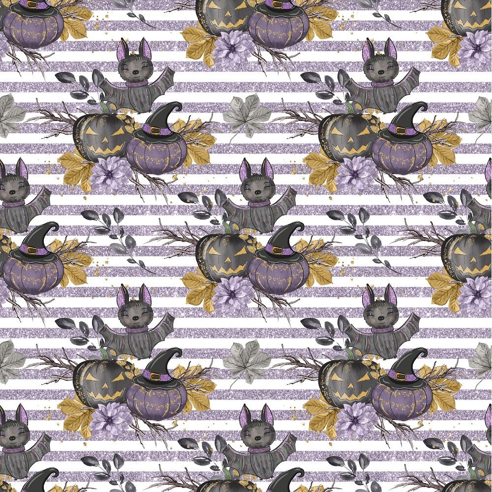 Black Pumpkins Bouquet Purple Stripes Fabric - White