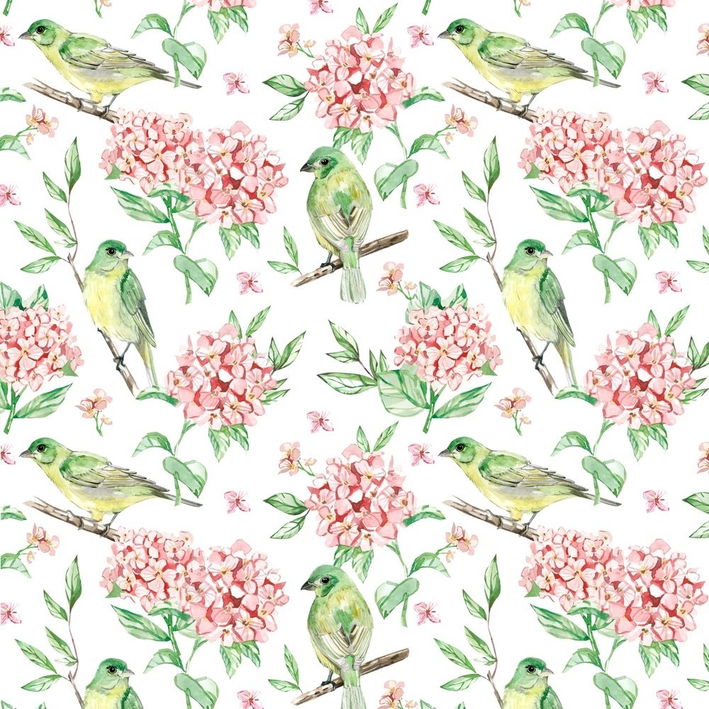 Birds and Flowers Fabric - Green