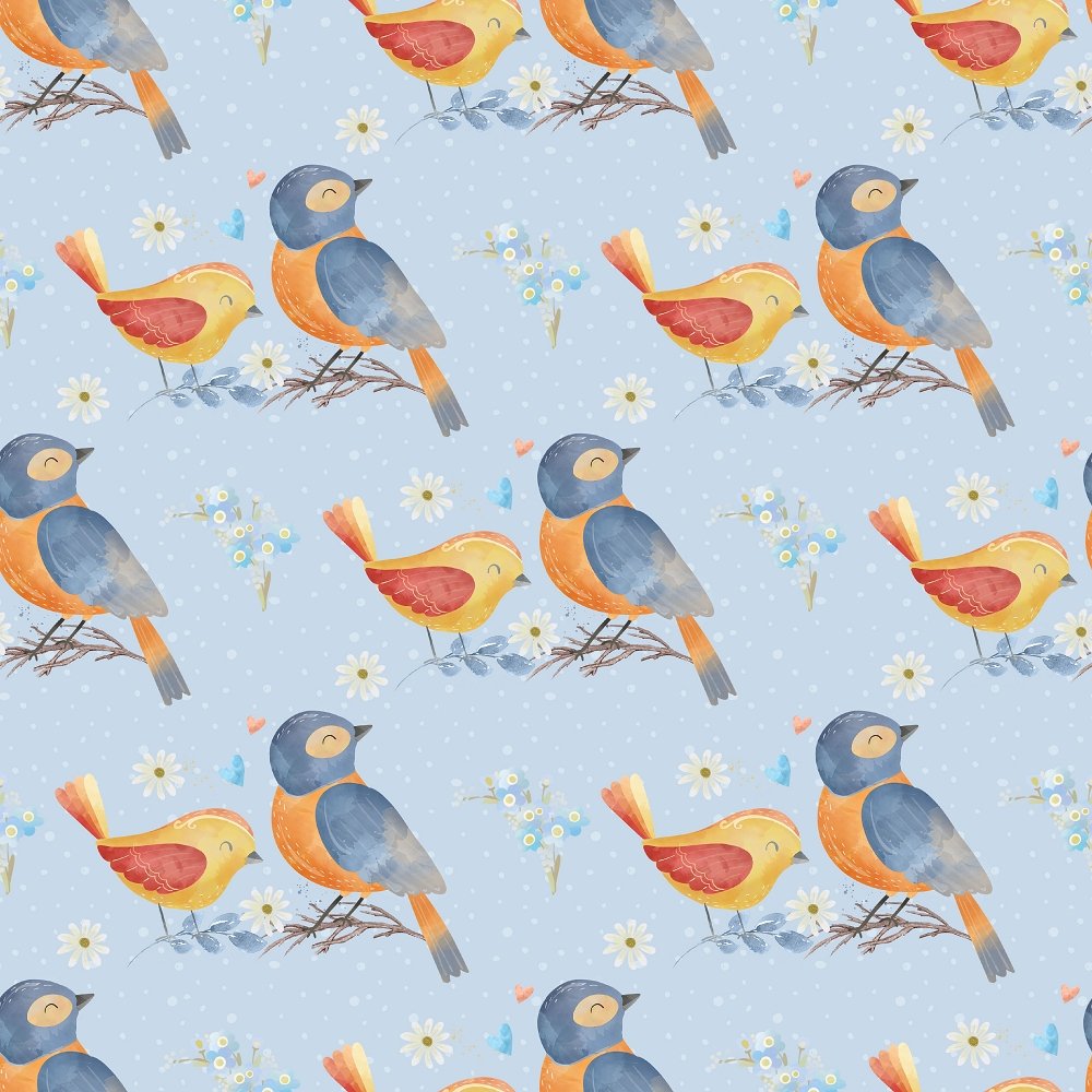 Birds & Flowers Fabric - Blue