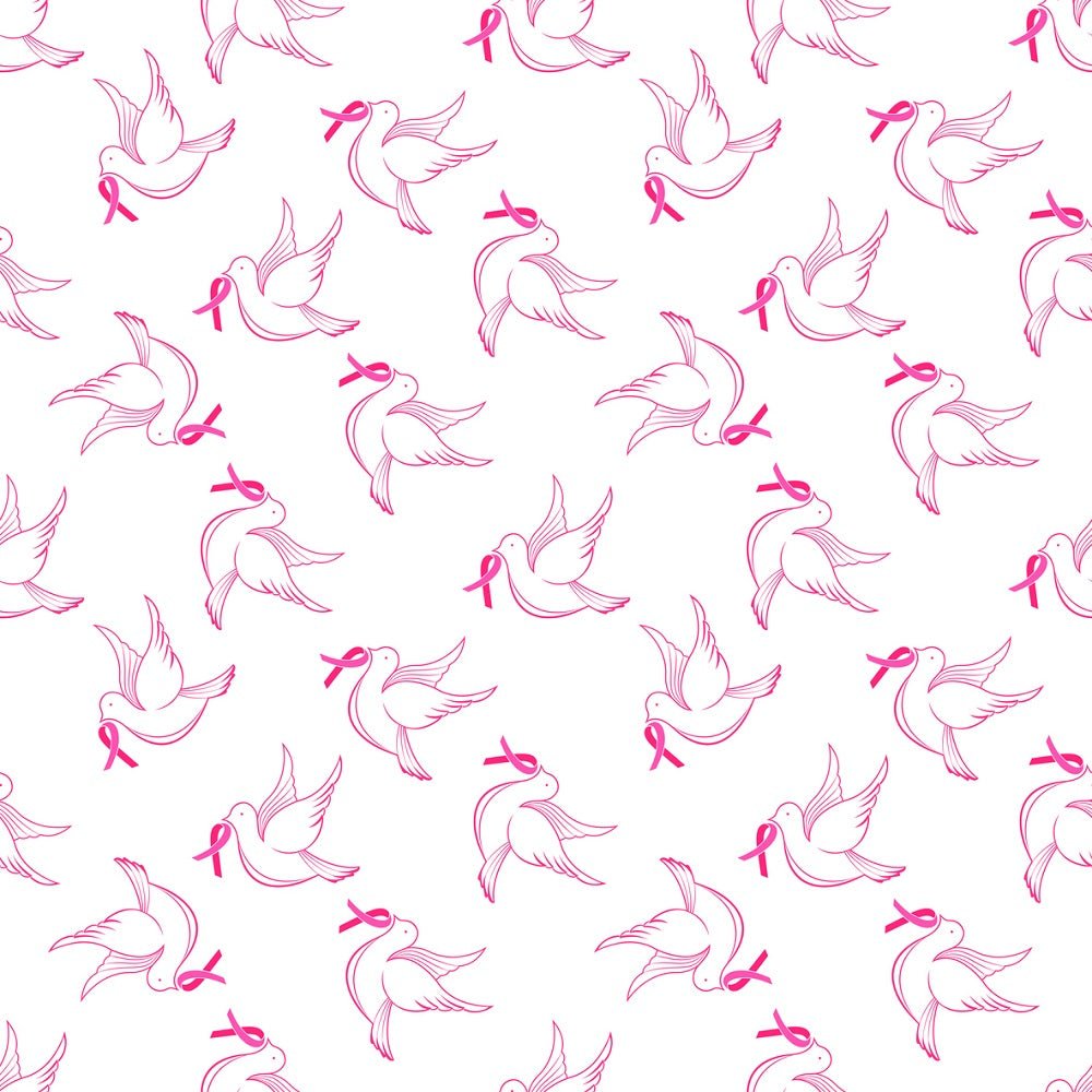 Birds with Pink Ribbons in Mouth Fabric - White