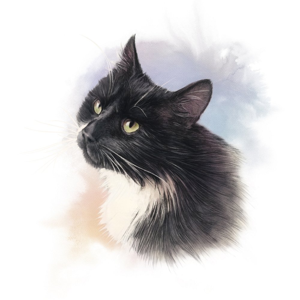 Black & White Cat Portrait Fabric Panel Variation 3