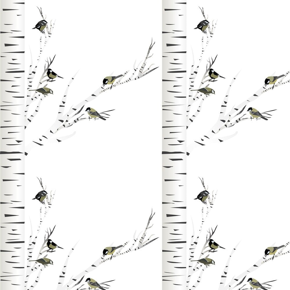 Birch Trees & Birds Fabric - White
