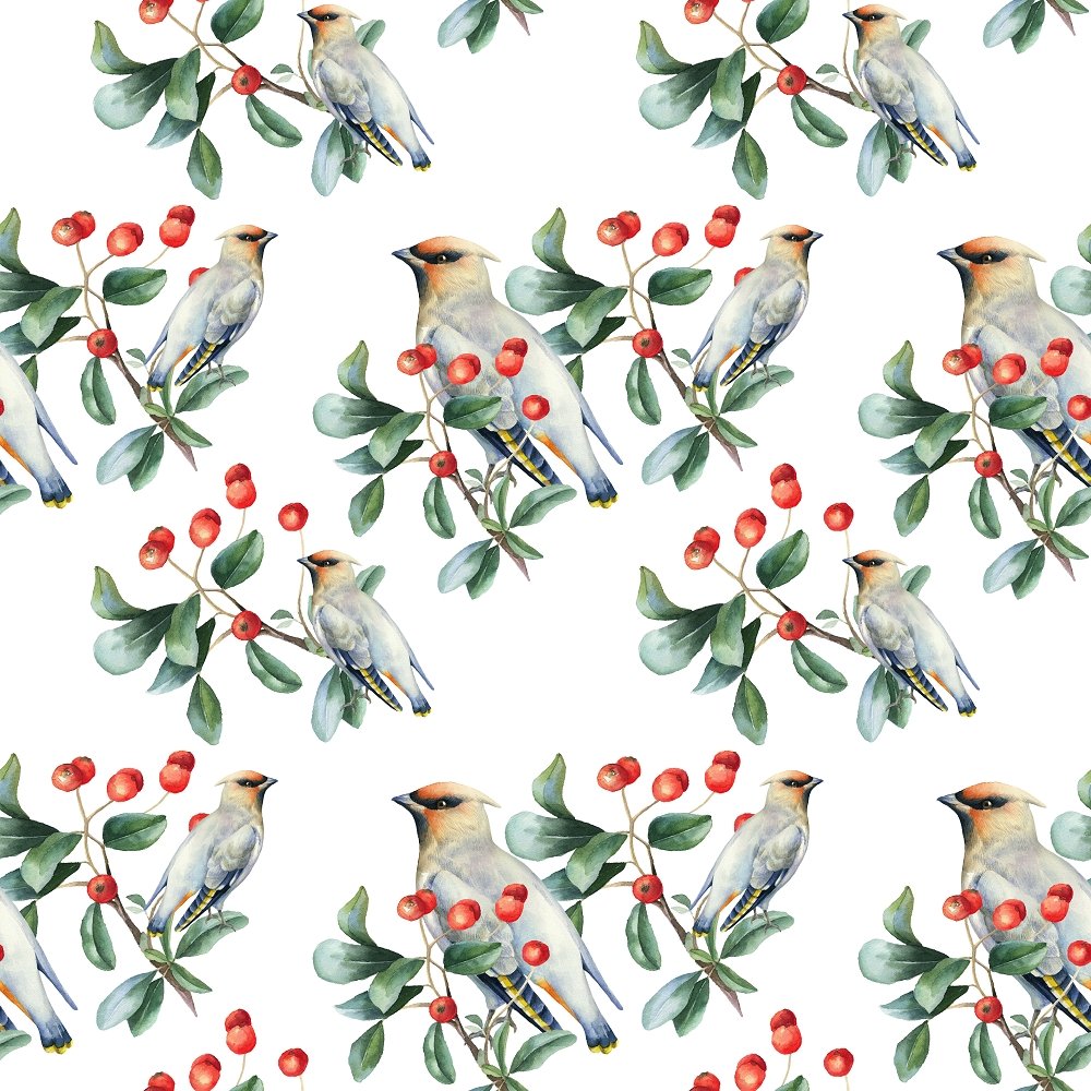Bird on Holly Berry Branch Fabric - White