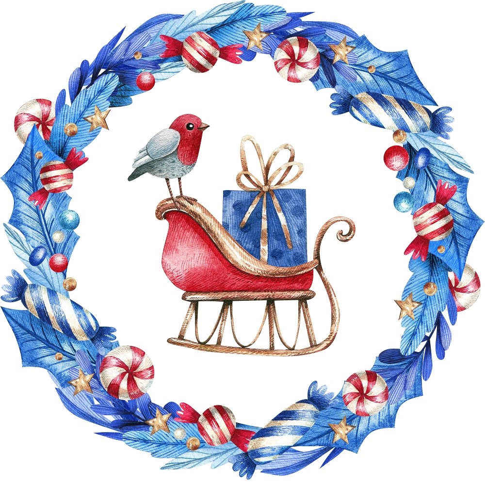 Bird on Sleigh in a Wreath Fabric Panel - Blue