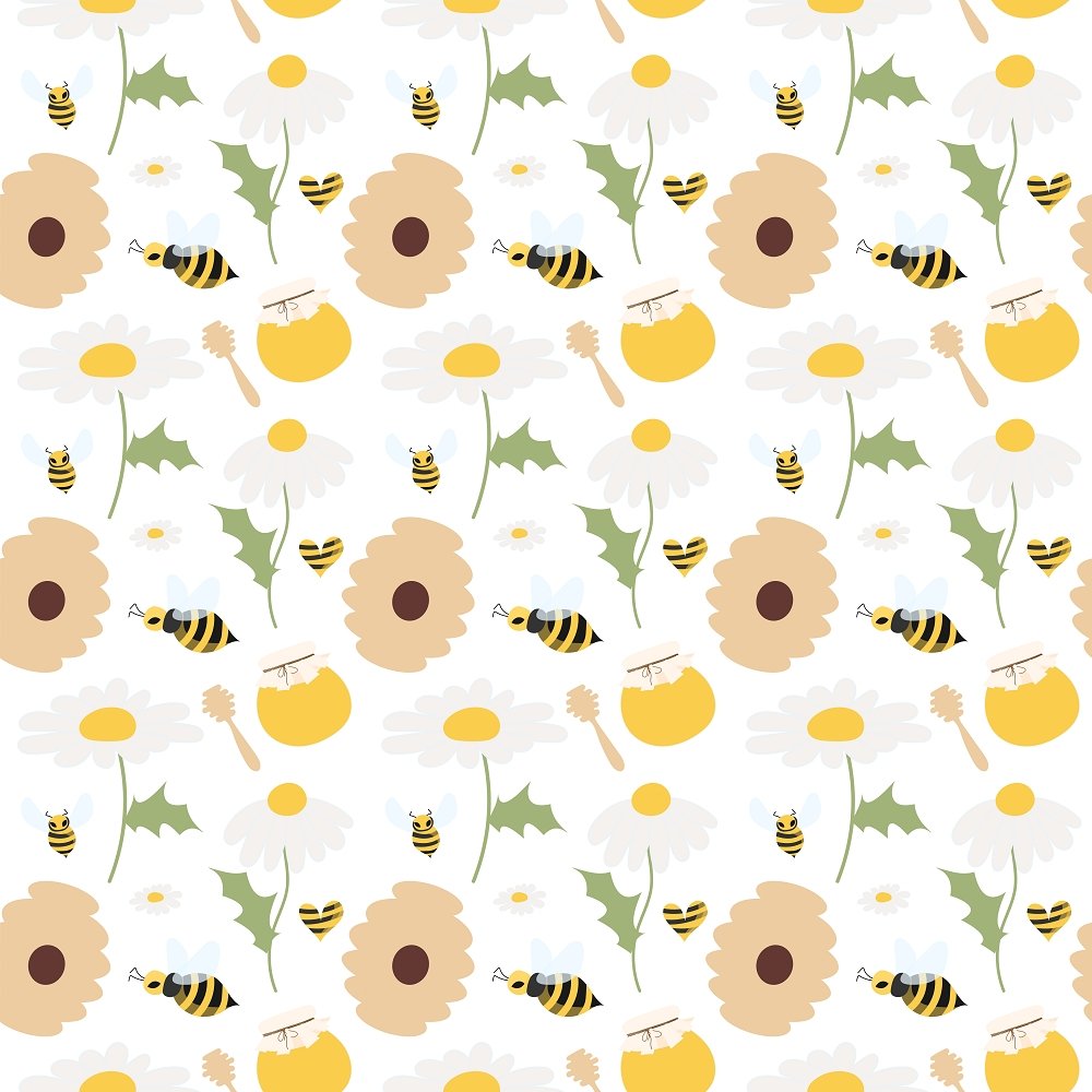 Bees, Hives and Daisies Fabric - White