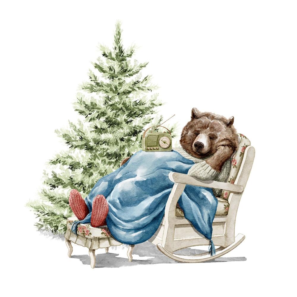 Bear Sleeping By Christmas Tree Fabric Panel