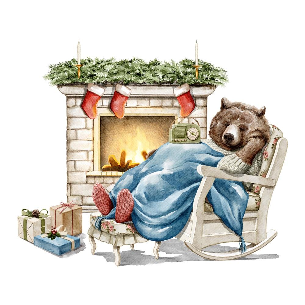 Bear Sleeping By Fireplace Fabric Panel
