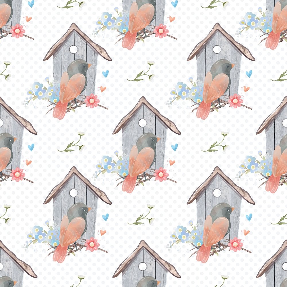 Beautiful Birdhouse Fabric - White