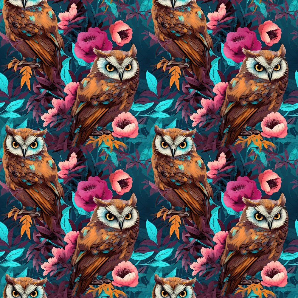 Beautiful Owls In Floral Forest Fabric