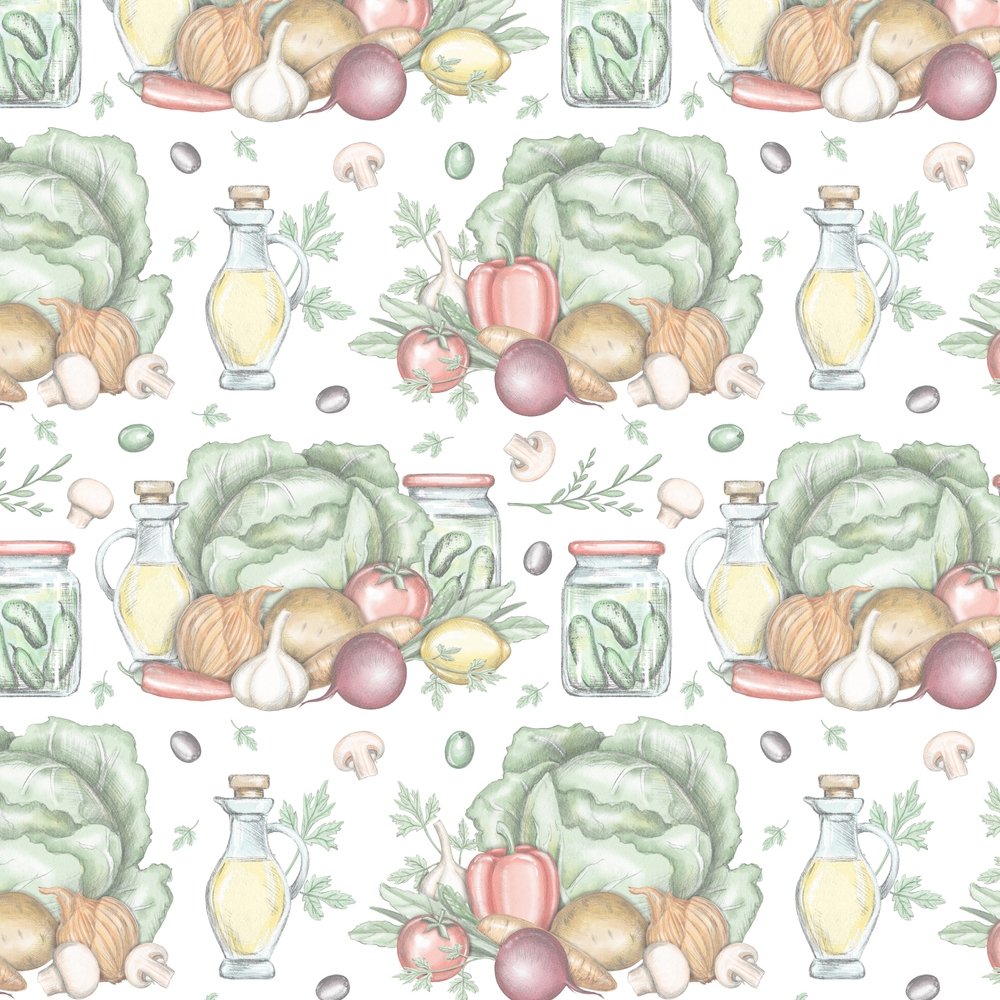 Batch Of Vegetables In The Kitchen Fabric - White
