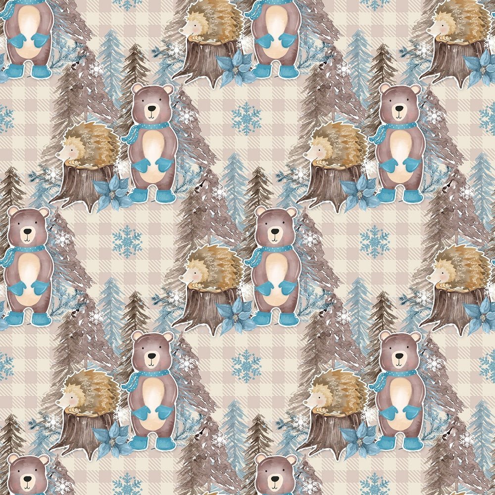 Winter Animals on Plaid Fabric - Tan