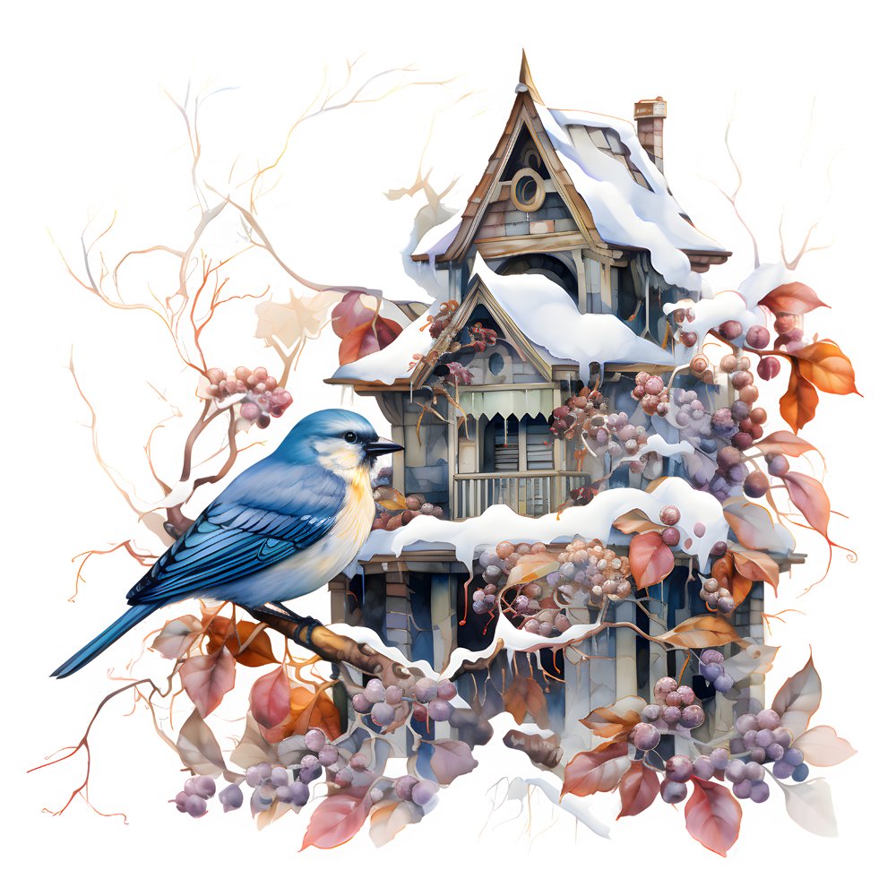 Winter Birdhouse Blue Jay #2 Fabric Panel