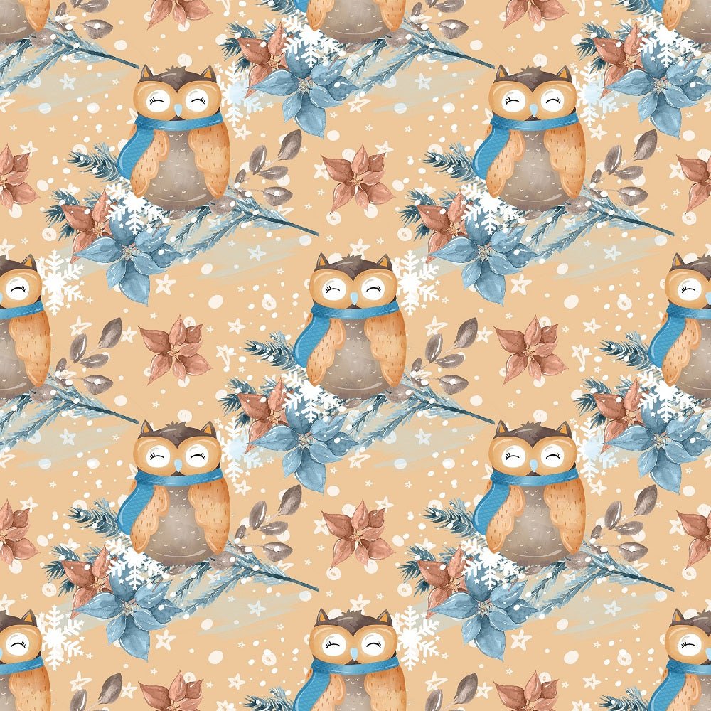 Winter Owl on Branch Fabric - Brown