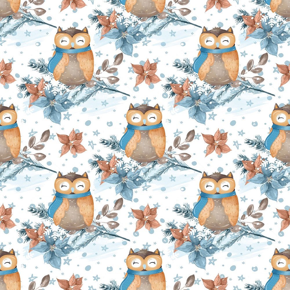 Winter Owl on Branch Fabric - White
