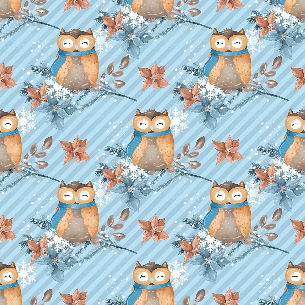 Winter Owl on Stripes Fabric - Blue
