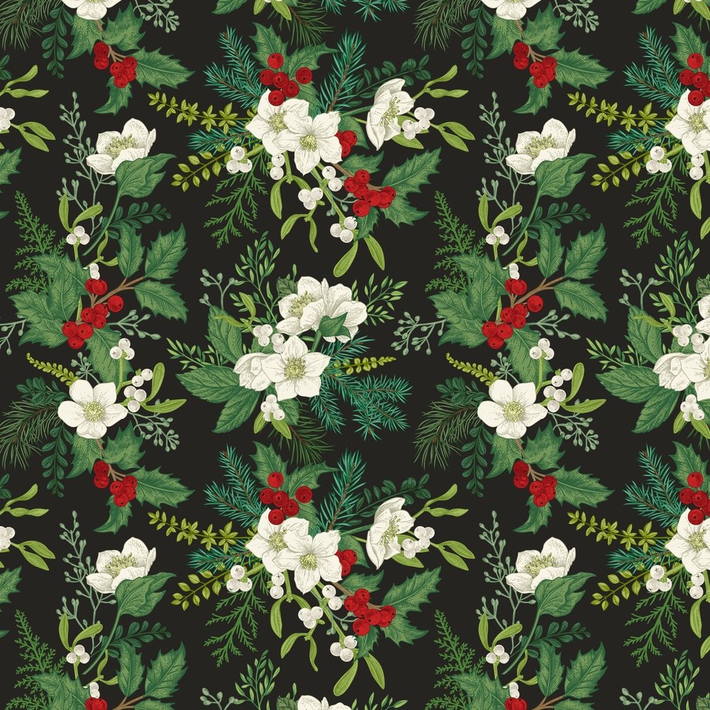 Winter Plants Fabric - Black