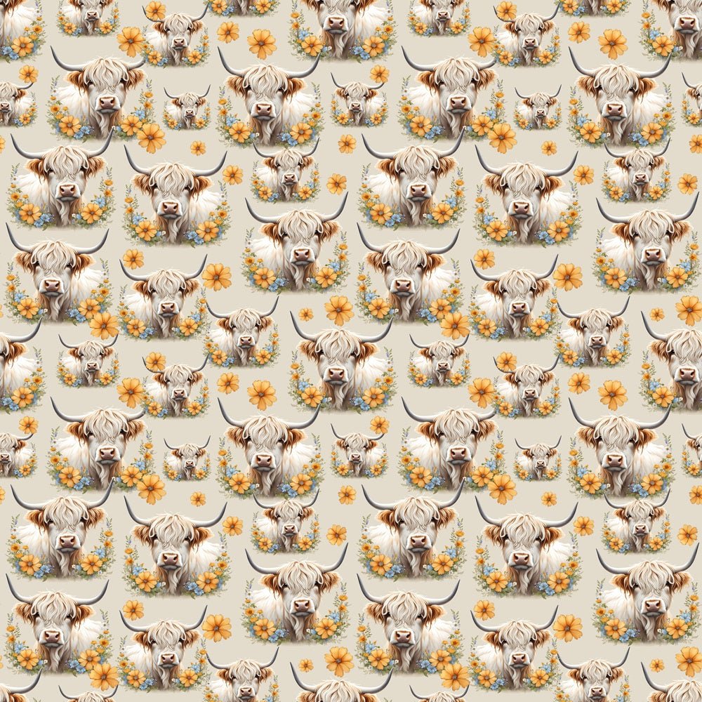 White Highland Cows & Flowers Fabric - Tan