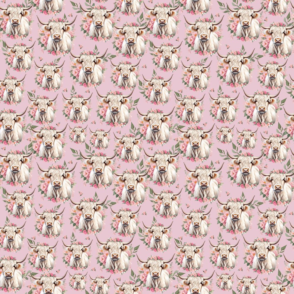 White Highland Cows & Pink Flowers Fabric- Pink