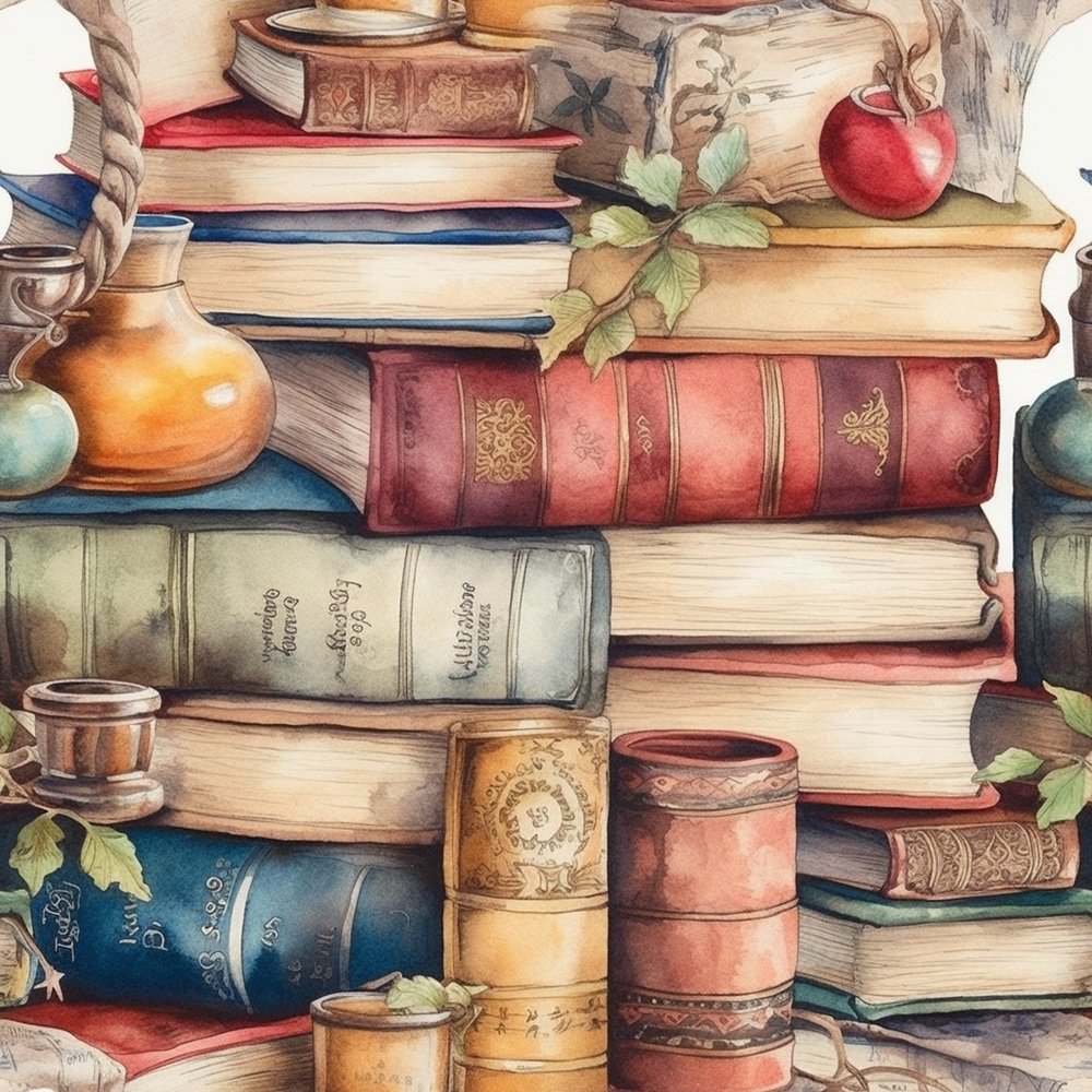 Whimsical Books, Objects, & Greenery Fabric