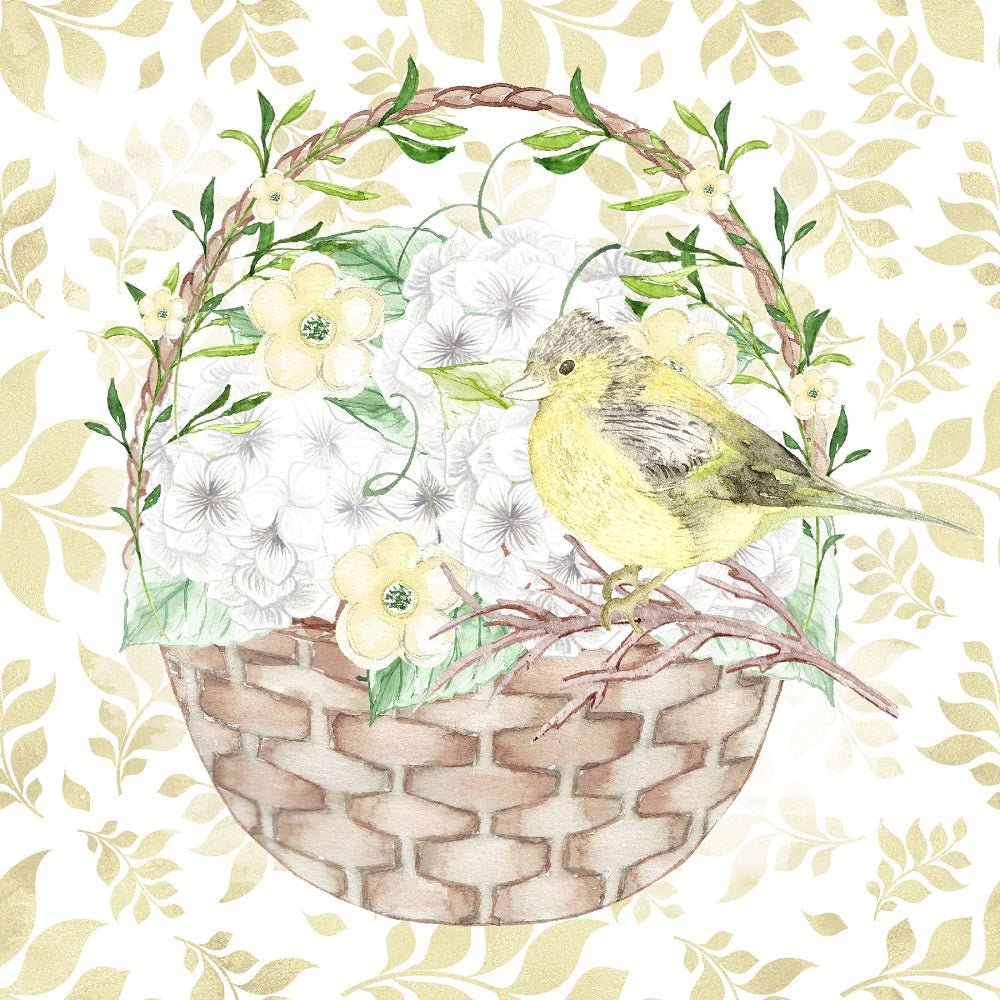 White Hydrangeas Bird Basket Fabric Panel