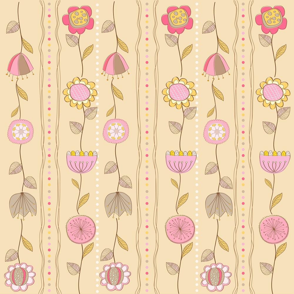 Assorted Retro Flowers Fabric - Tan