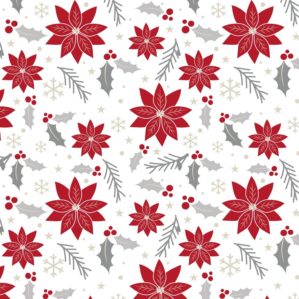 Christmas Poinsettia Fabric - Red/Silver