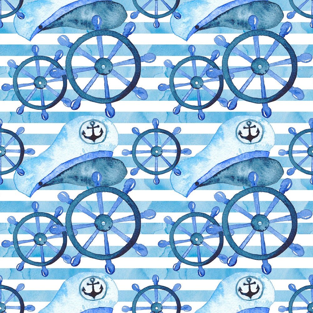 Watercolor Sailor Elements on Stripes Fabric