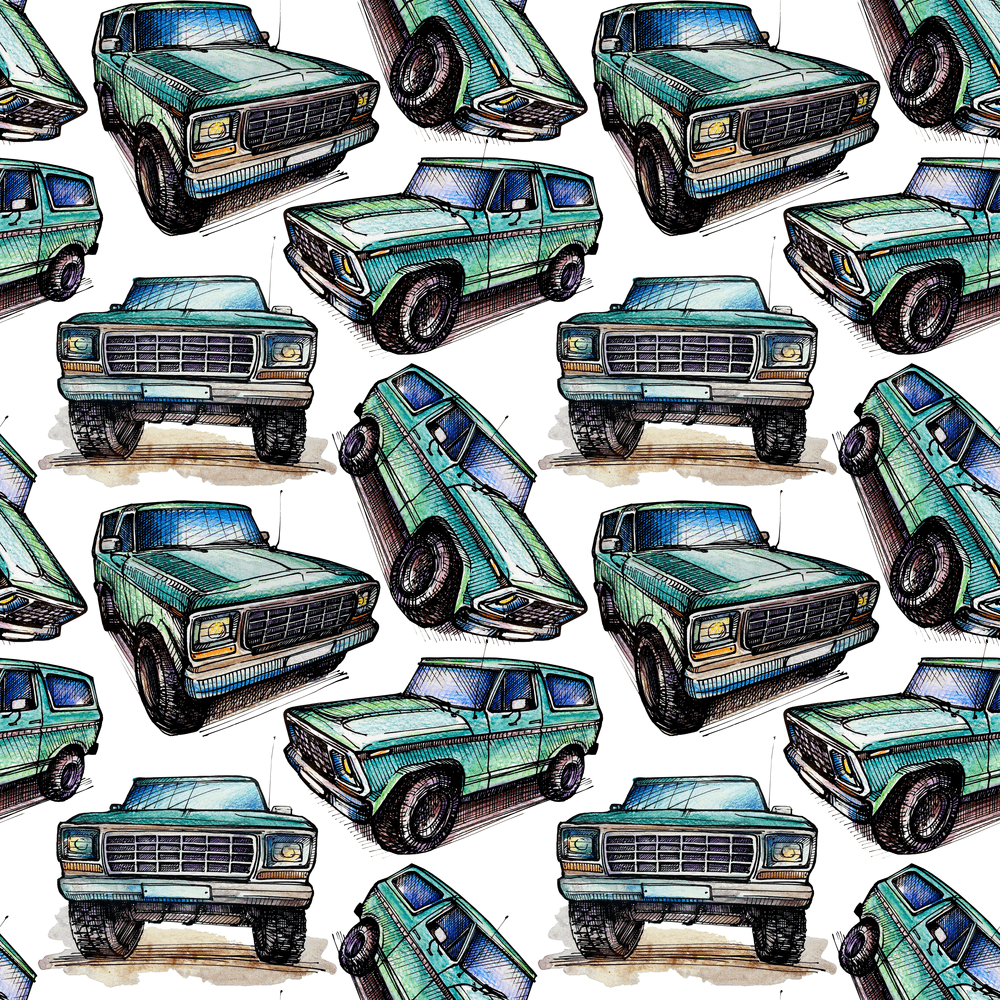Watercolor Vintage SUV Fabric - Green