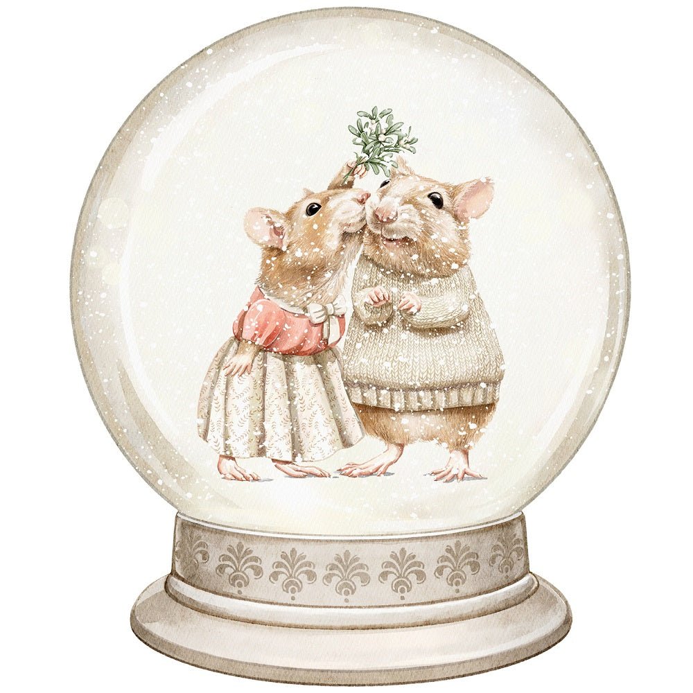 Christmas Little Critters Mice Kissing in Snow Globe Fabric Panel