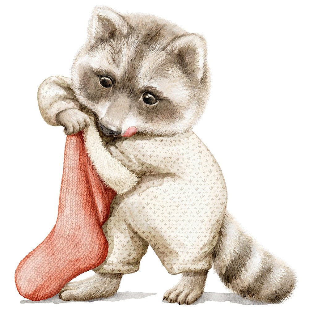 Christmas Little Critters Raccoon and Stocking Fabric Panel