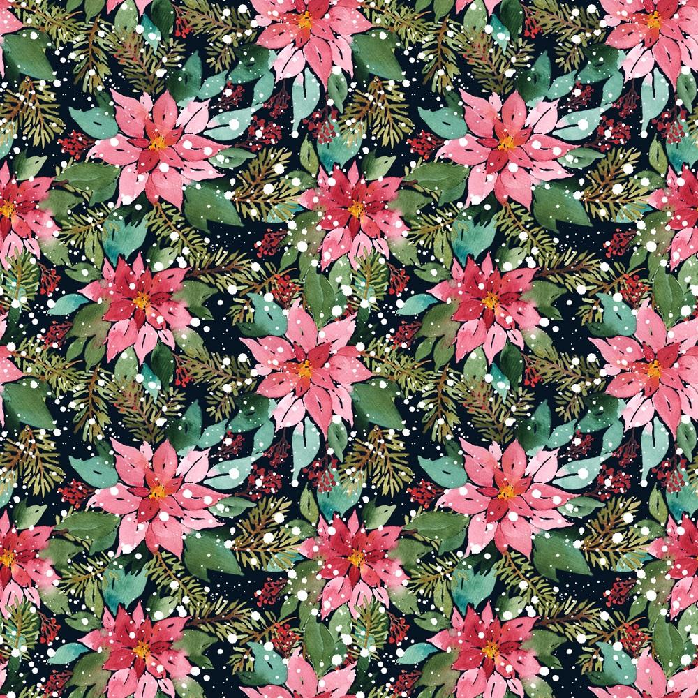 Watercolor Poinsettia, Spruce, and Berries Fabric - Navy Blue