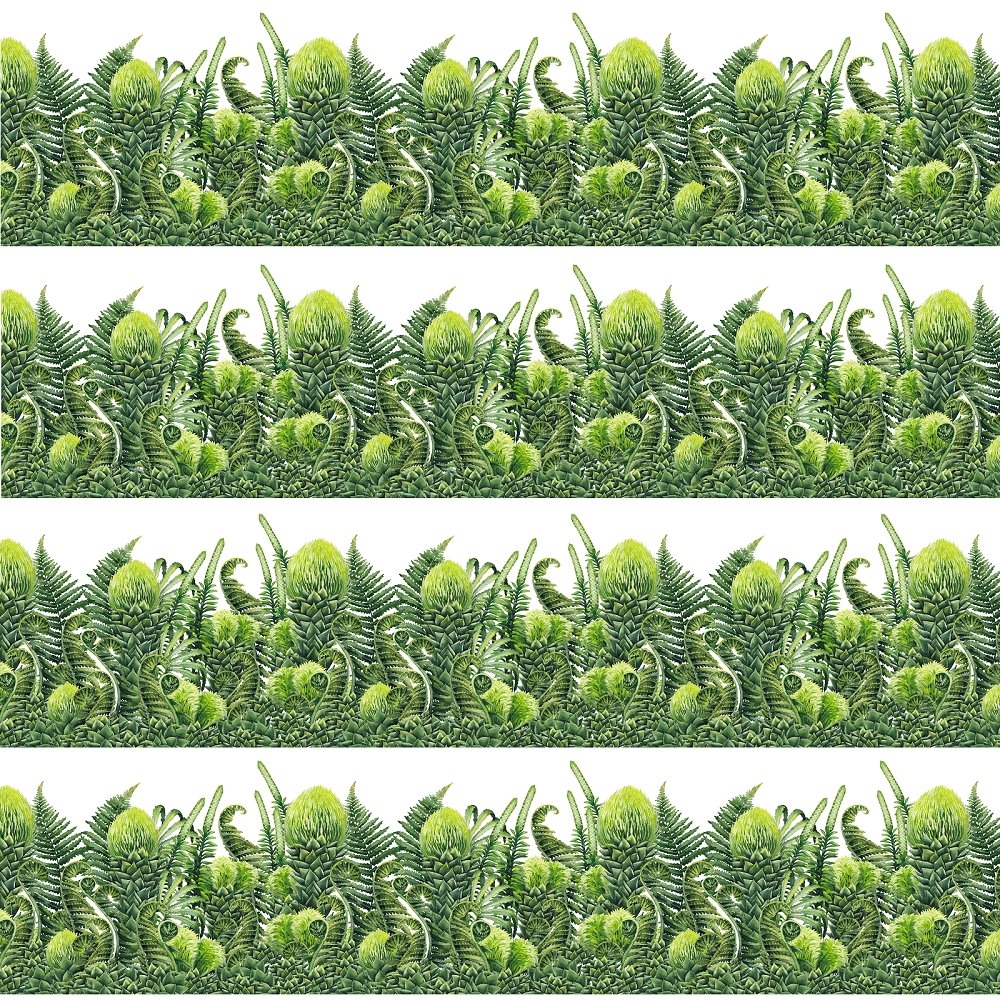 Watercolor Prehistoric Plants Border Fabric - White