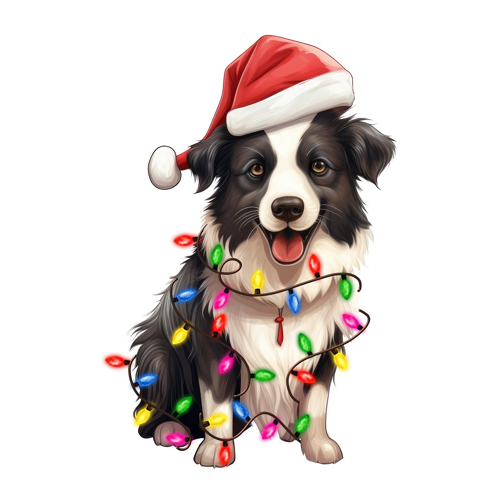 Christmas Lights & Border Collie Fabric Panel