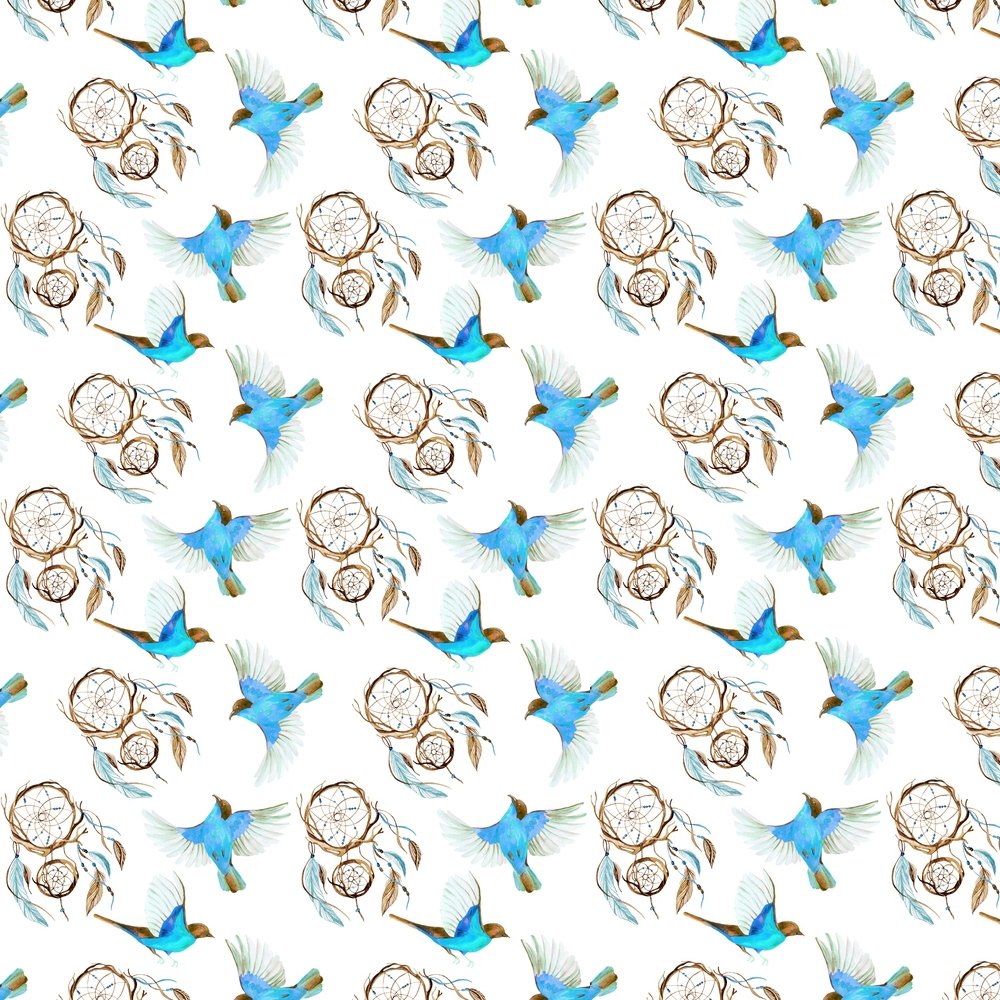 Watercolor Dreamcatcher Fabric - Blue/Brown