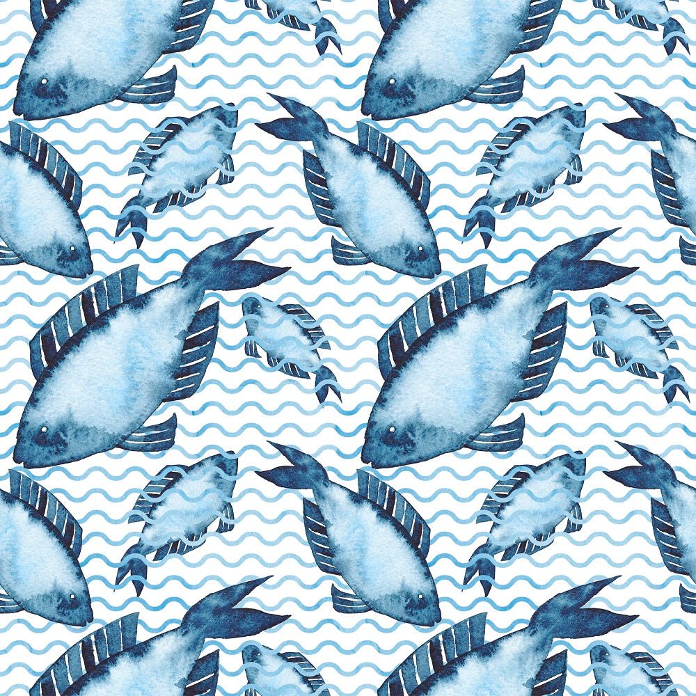 Watercolor Fish on Waves Fabric