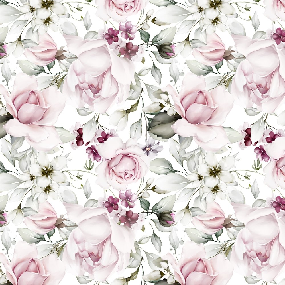 Watercolor Peonies & Purple Roses Fabric - Multi