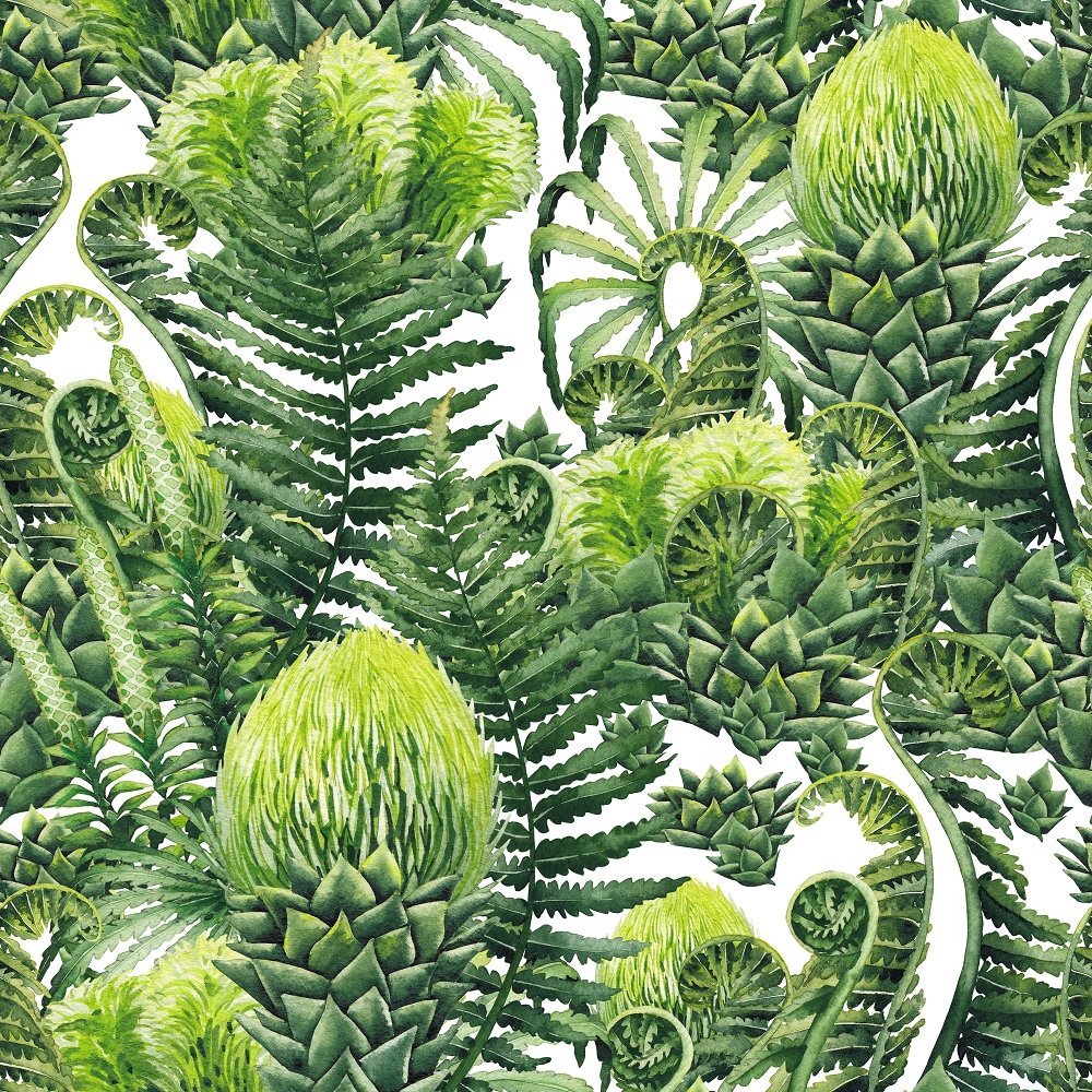 Watercolor Prehistoric Plant Fabric - White