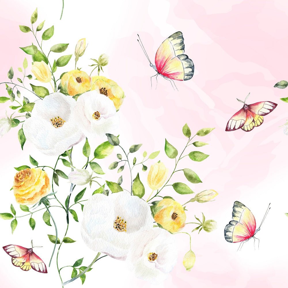 Watercolor Red Butterflies and Flowers Fabric