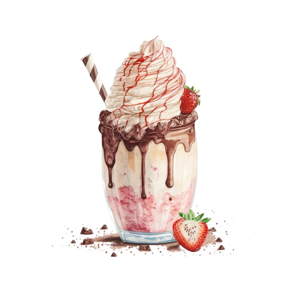 Watercolor Strawberry Milkshake Fabric Panel