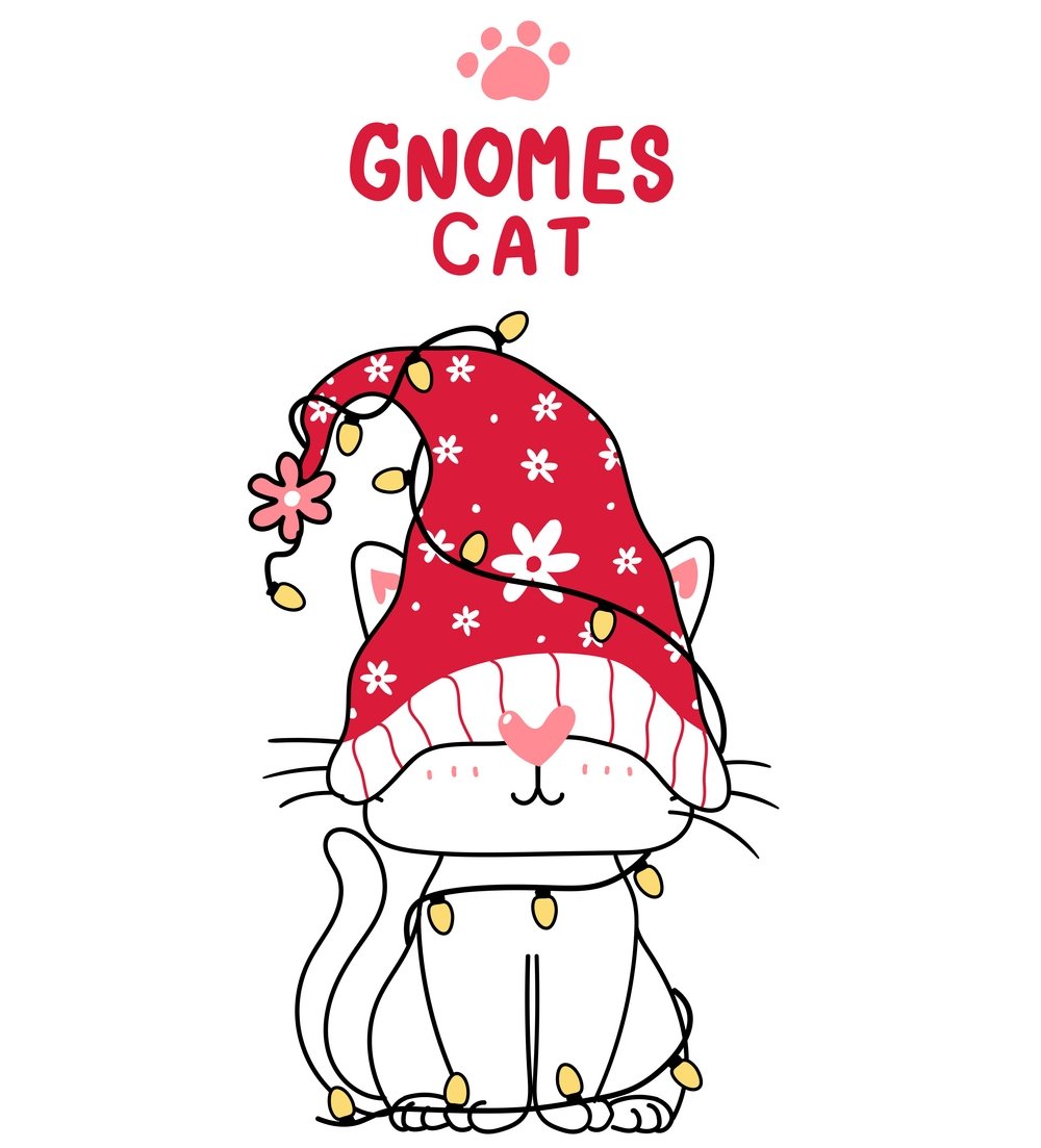 Christmas Gnomes Cat Fabric Panel