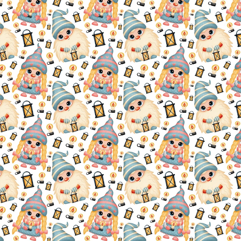 Christmas Gnomes With Lanterns Fabric - Blue