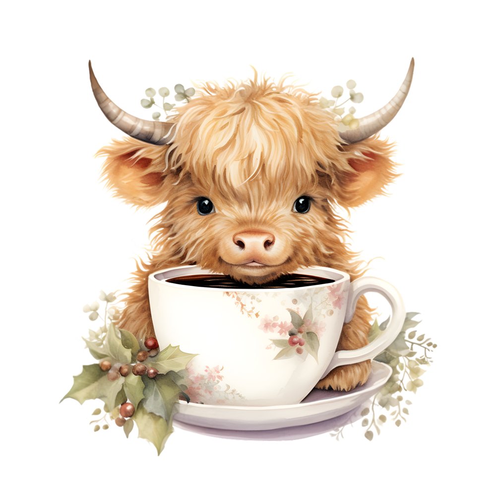 Christmas Highland Cow & Hot Coco #1 Fabric Panel