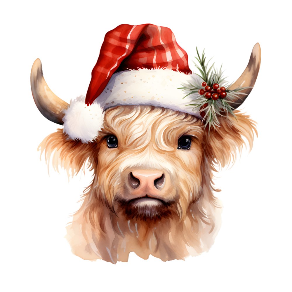 Christmas Highland Cow Santa Hat #1 Fabric Panel