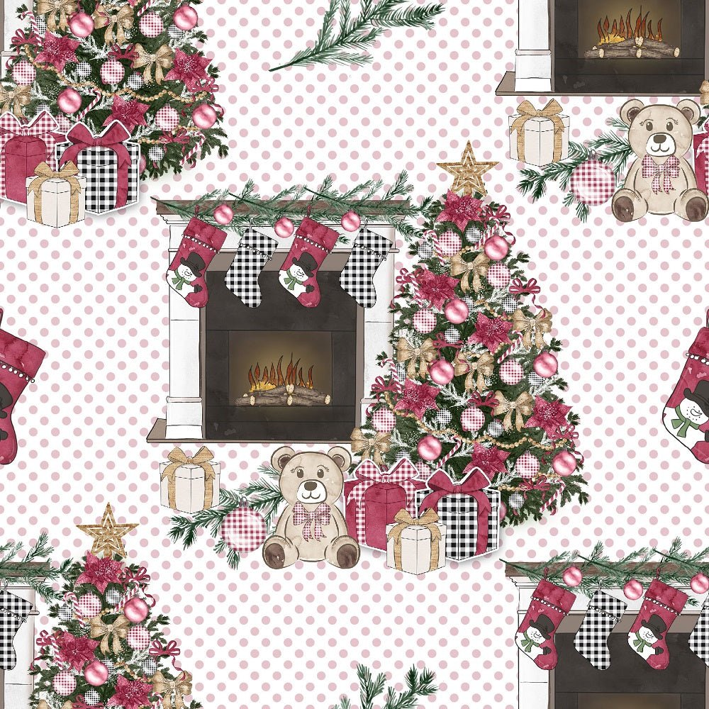 Christmas Home Fireplace on Dots Fabric - White
