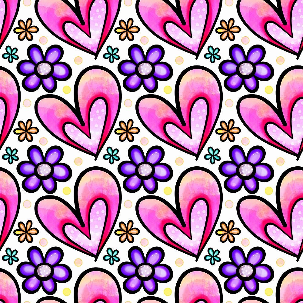 Watercolor Floral Hearts Collage #6 Fabric