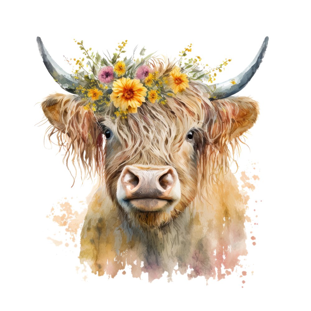Watercolor Floral Highland Cow #7 Fabric Panel