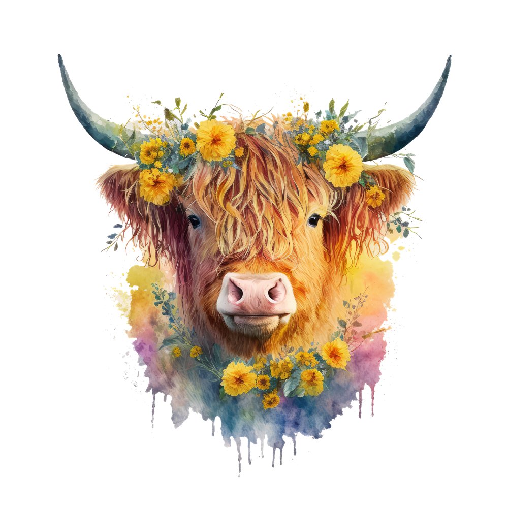 Watercolor Floral Highland Cow #8 Fabric Panel