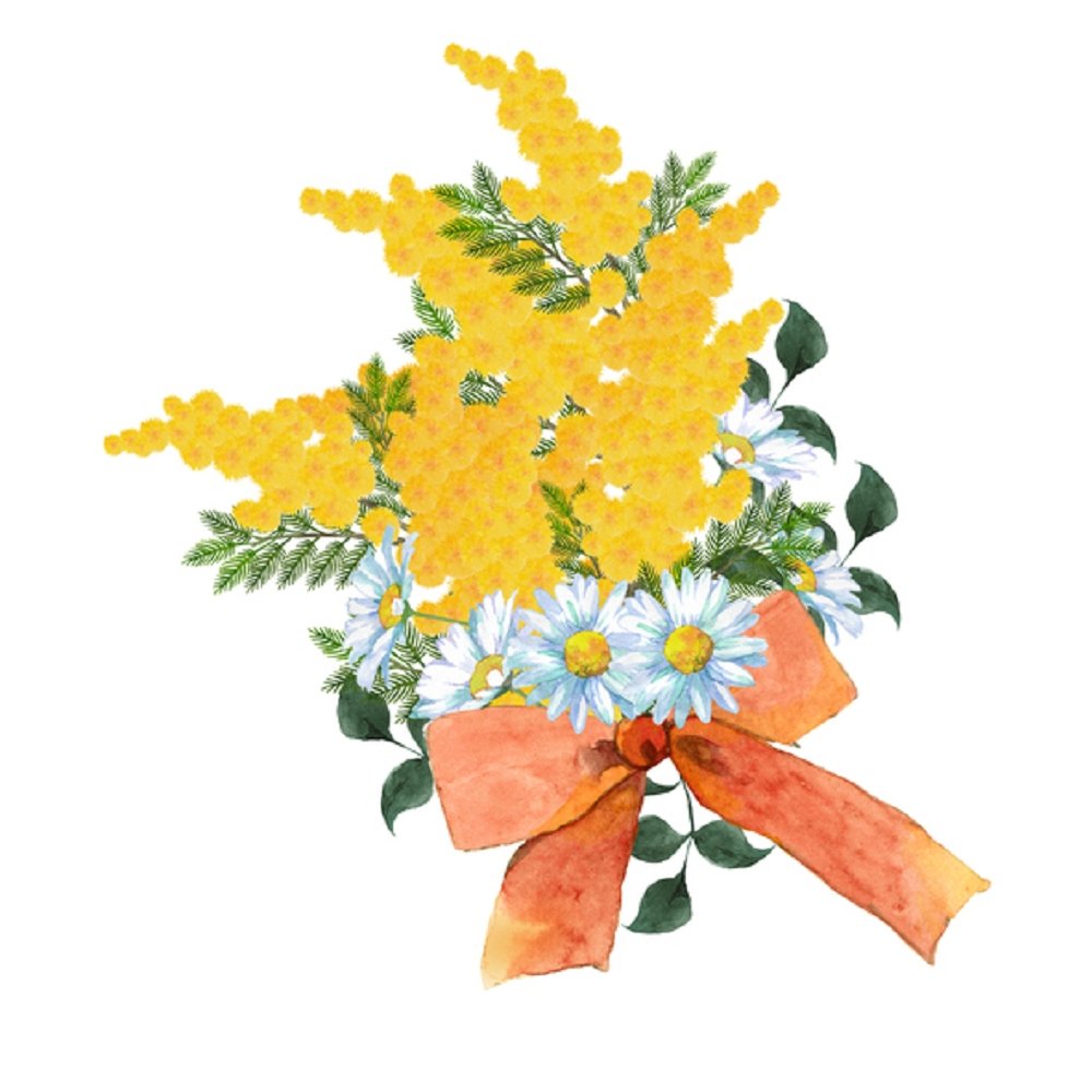 Watercolor Floral, Mimosa And Daisy Bouquet Fabric Panel - White