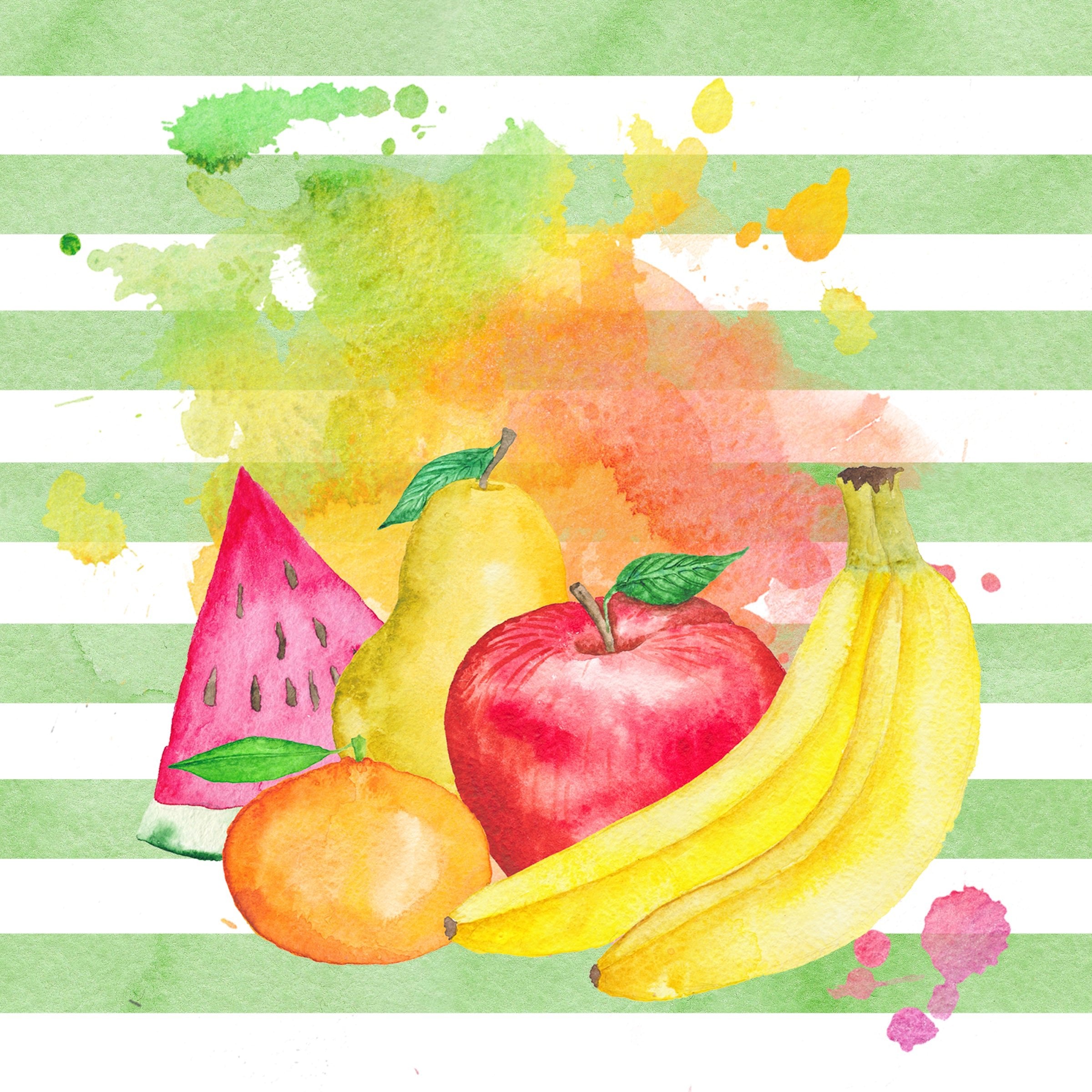 Watercolor Fruits on Green Stripes Fabric